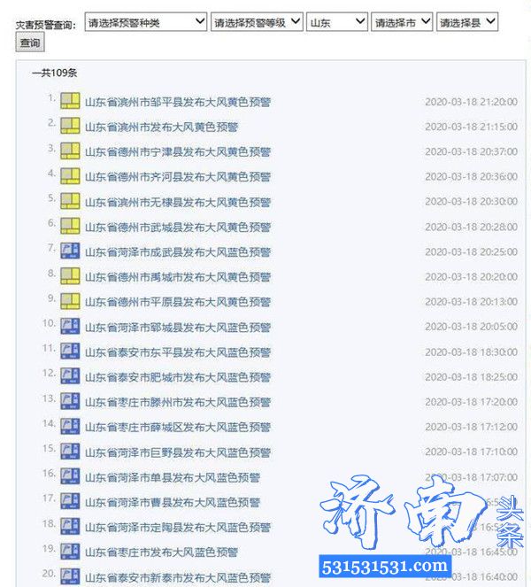 山东省气象台3月18日16时继续发布内陆大风蓝色预警信号