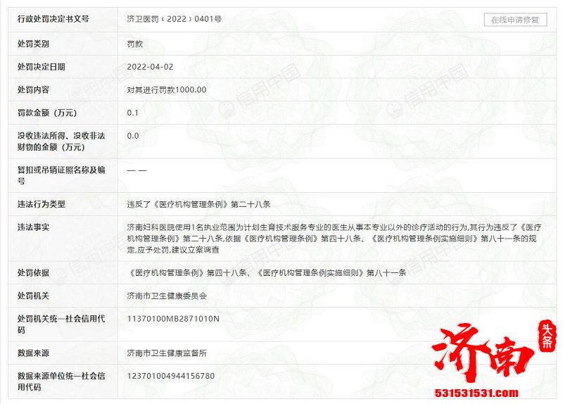 济南妇科医院违规从事诊疗活动连续两日被罚